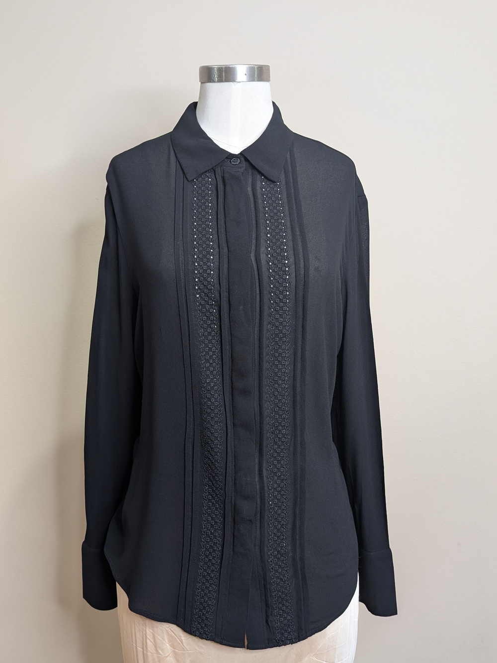 Dark Academia Club Monaco Black Minimal Pintuck Eyelet Tuxedo Blouse Quit Luxury